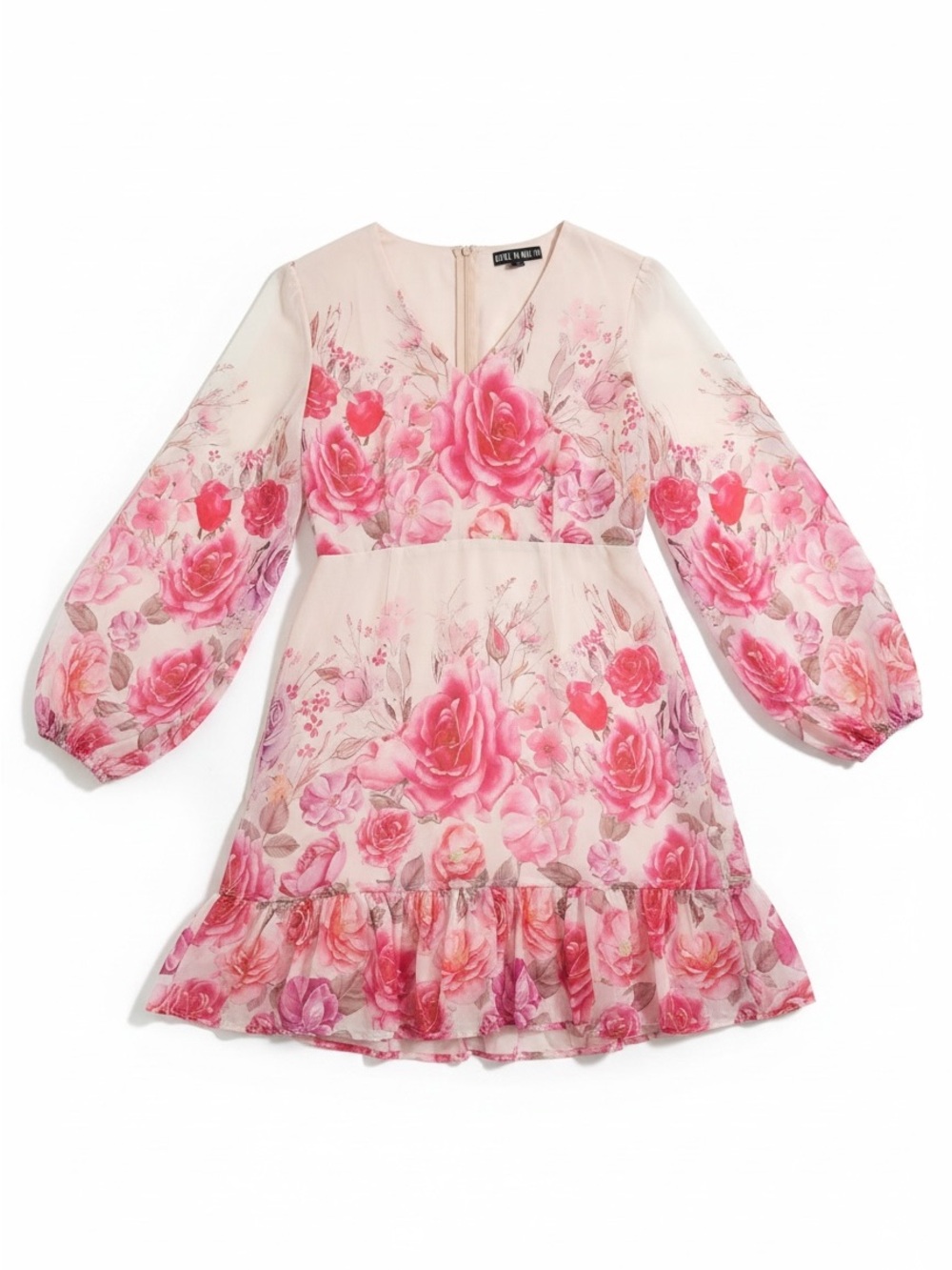 Girl In Mind Floral Pink Kady V-Neck Ruffle Mini Chiffon Sheer Puff Sleeve US 8